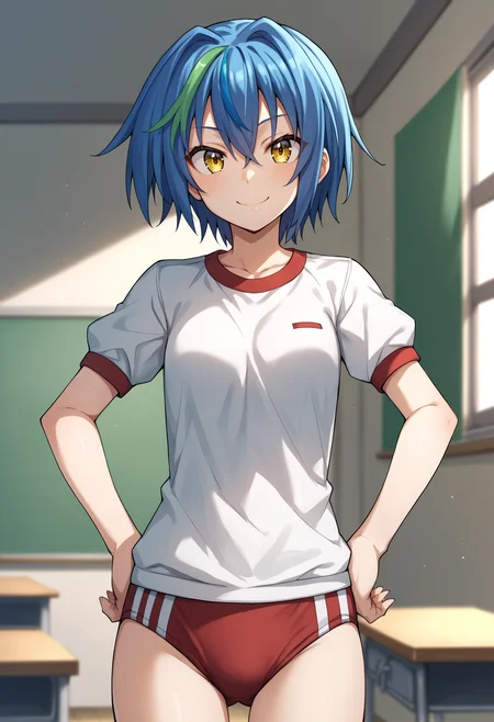 score_9, score_8_up, score_7_up, score_6_up, score_5_up, score_4_up, BREAK, source_anime,
1girl, xenovia, blue hair, streaked hair, hair between eyes, short hair, yellow eyes,
gym uniform, white shirt, red buruma, 
smile, hands on hips, standing, solo, looking at viewer, indoors, classroom background <lora:XenoviaXL:1>