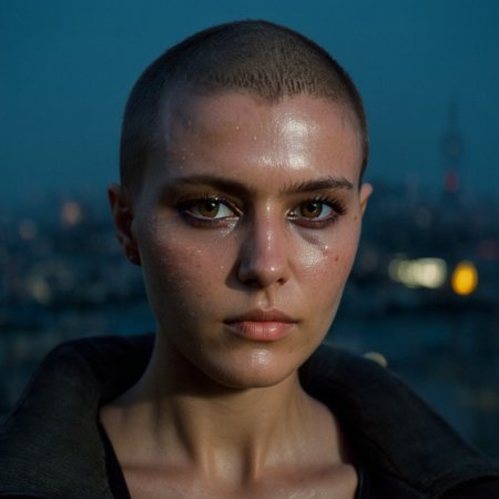 Buzzcut, no hair, bald, Blade Runner style, cinematic film still, (Skin Texture, pores, natural,iPhone,RAW)), natural lighting, Highest Quality closeup Portrait photo of a woman with a ((buzzcut)), silver eyes, Nikon Z9, realistic matte skin, blurry city in the background, at night, moody, epic, gorgeous, 8K,