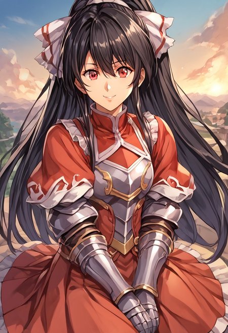 score_9, score_8_up, score_7_up, score_6_up, score_5_up, score_4_up, detailed, intricate details, source_anime, , (best quality) , (highly detailed) ,((masterpiece)), ((best quality)), (ultra-detailed), ((extremely detailed)), (high resolution), 4K, (8K), best quality, (beautiful), (dynamic lighting), (super detailed skin), sharp focus, (1_girl, solo focus), score_9,score_8_up,score_7_up,anime coloring BREAK source_anime,anime, theresia (hortensia saga),  Windy, Flowing hair, Wind, Hair billowing in the Wind long hair, Very long hair, long hair, hair between eyes, black hair, red eyes, sidelocks,  , ponytail, hair ribbon, white ribbon, cuirras, armored boots, puffy sleeves, pantyhose, red capelet, fur collar, gauntlets, greaves, armored dress, turtleneck, , red skirt
smiling, sitting,
Face Focus, Upper Body detailed eyes、detailed face and detailed skin <lora:add-detail-xl:1.0>
Artist Style: Urushihara Satoshi
