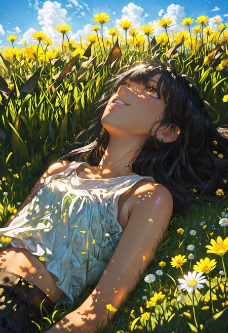 nlstn, glowing, 1girl, 18 years,amber maroon brown eyes,black hair, long hair, messy fuzzy hair, partial blunt bangs, ear clip, small flat chest, flat breast, tan, tan skin, blade of grass in the mouth, smiling, day, white oversize t-shirt, bare shoulders, midriff, dramatic scene, dandelion flower, sunlight, grass, plant, nature, light particles, looking up, lying, on back, on grass, outdoors, parted lips,  sleeveless, sleeveless dress, solo, sunlight, upper body, white dandelion, field,meadow, flower field, light wind, glowing, blue sky, fluffy clouds,<lora:NLSTN-IL:1> <lora:lighting-NAI:1> <lora:Dramatic Lighting Slider:1> <lora:sunriseSDXL:1>