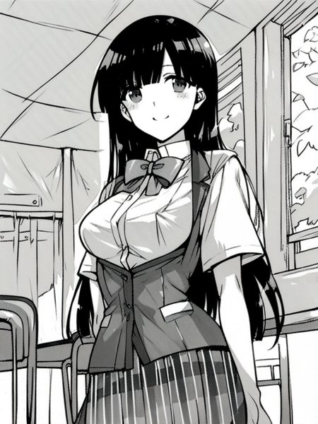 score_9, score_8_up, score_7_up, 
1girl, monochrome, hoozuki fumika, black hair, long hair, medium breasts,


standing, smile, looking at viewer, 
school uniform,  waist coat, white shirt, short sleeves, bowtie, plaid skirt, 