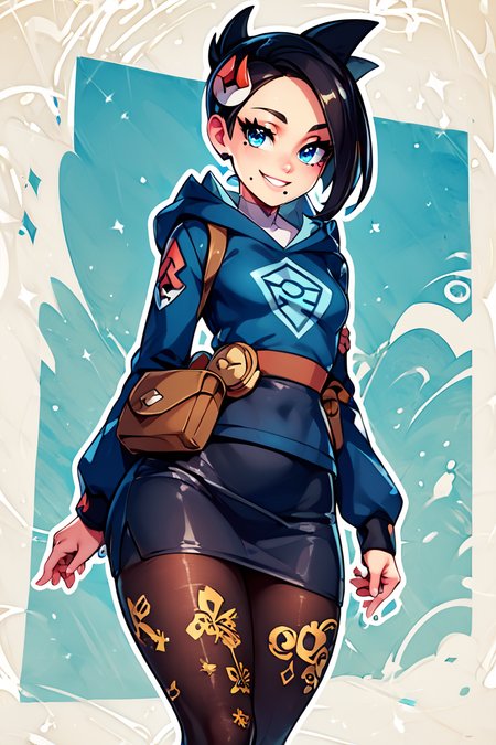 score_9, score_8_up, score_8, medium breasts, (curvy), cute, eyelashes,       BREAK, , zzMai, black hair, blue eyes, mole, mole under mouth, short hair, eyelashes, black footwear, black skirt, boots, brown bag, character print, diamond clan outfit, hood, hood down, jacket, pantyhose, pouch, print pantyhose, skirt, long sleeves, <lora:MaiPokemon_PDXL:0.8>, , BREAK, smile, looking at viewer,  abstract background, white outline, cowboy shot, embedding:zPDXL, Expressiveh, <lora:CatalystStylePDXL:0.6>,  <lora:SDXLFaeTastic2400:0.5>,  <lora:Expressive_H-000001:0.4>,