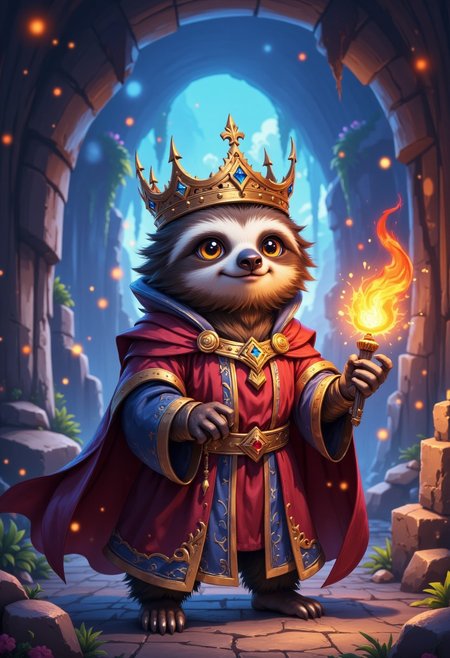 cute sloth king with crown, wearing a mystical magic robe, holding a magic stuff.
In background a mystic cave with magic lights, aidmaMJ6.1