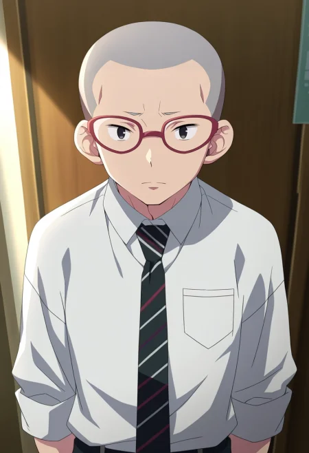 masterpiece, best quality, , , looking at viewer, 1boy, solo, male focus, <lora:konekomaru_miwa_ilxl:1>, konekomaru_miwa, grey hair, black eyes, bald, glasses, red-framed eyewear, white shirt, collared shirt, black necktie, striped necktie, ,
