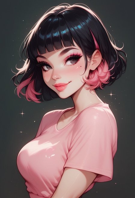 score_9, score_8_up, score_7_up, score_6_up, 1girl, Sarah, SarahRH, short black hair, bob cut, straight hair, blunt bangs, dyed bangs (pink), (pink) streaked hair, dark eyes, cute face, beautiful lips, medium breasts, curvy, large hips, pale skin, mole under her eye, moles on her body, pinup pose,  pink t-shirt, sexy look, parted lips, black background, portrait, smiling , closed mouth, k33n3r, cowboy shot, dramatic light, side view