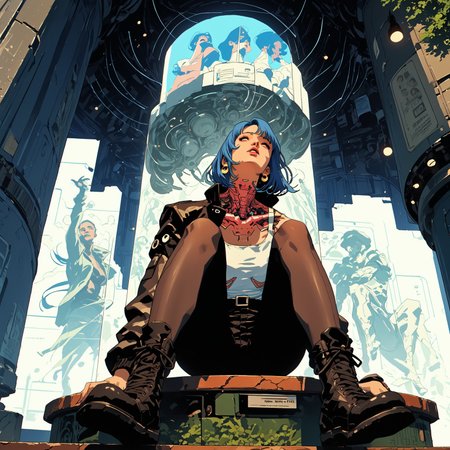  score_9, score_8_up, score_7_up, score_6_up, source_anime, 2d, young woman, cutie girl in a futuristic setting, cyberpunk, blue hair, black leather jacket, tight pants, boots, bar interior, night time, lights, exquisite composition and lighting, intimate close-up, flawless composition and lighting, timeless nostalgia, refined aesthetic, tranquil vibe, effortless posture, reclining, mind-bending surrealism, smooth tonal gradients, perfectly balanced composition, ethereal dreamscape, seamless textures, cinematic perspective, dramatic illumination, 75mm cinematic lens, rich Technicolor hues, Panavision scope, widescreen clarity, ultra-sharp focus, minute details, 8k ultra-HD, high dynamic range, hyperrealism, ultra-realistic, iconic visual, cinematic frame, premium color grading, deep focus, lens bloom, intensified post-effects, neo-retro anime style:1.5. retro anime art style:1.5, masterpiece, extreme ambience, rich shadows. (high quality, full hd, 4k, absurdres)
