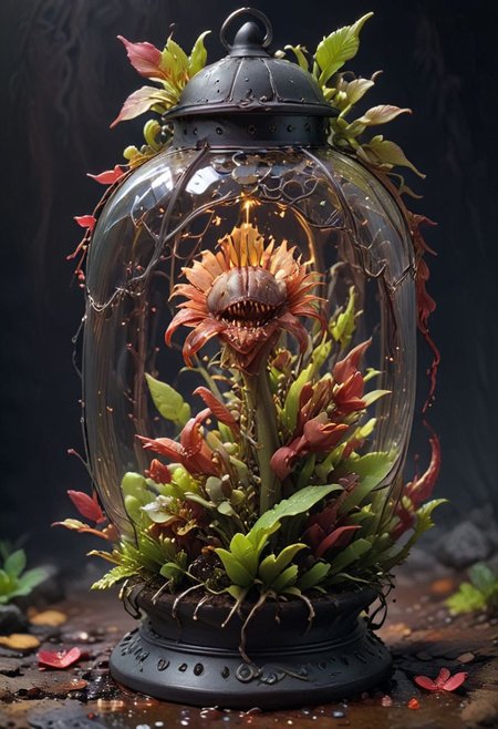 Broken Gothic terrarium, Venus flytrap, carnivorous plant. Sharp teeth eating a scorpion, blood pool, drips