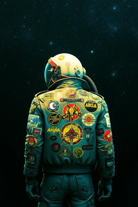 pascalblanche1 illustration. 
An astronaut stands facing away from the viewer against a starry sky. The astronaut wears a teal jacket with various patches and insignias, including text like "COOLS" and "ANSA." <lora:pascalblanche1_cap_d8a4:1.0><lora:860255472257649841:0>