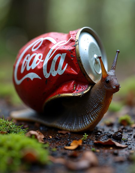 A realistic snail with an unusual shell: instead of a natural shell, it carries an empty Coca-Cola can on its back. The can is slightly crushed, with visible scratches and faded red branding. The snail's slimy, textured body contrasts with the metallic surface of the can. Its antennae stretch forward as it slowly moves across a damp forest floor covered in moss and fallen leaves. The lighting is soft and diffused, creating a blend of realism and surrealism