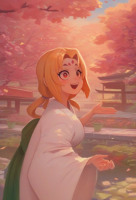 TR00L00, score_9, score_8_up, masterpiece, best quality, absurdres, vibrant, highly detailed, 1girl, solo, Tsunade as a child, kiddo Tsunade, white kimono, demure, japanese garden, zen, cherry trees, happy face, :D