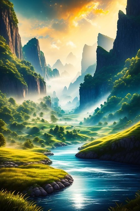 ((masterpiece)), ((best quality)), 8k, ultra-detailed, vibrant fantasy valley with a river winding into the distance, the camera positioned on top of a hill overlooking the majestic landscape, lush green fields, and rolling hills stretching as far as the eye can see. The scene is filled with vibrant, high-contrast colors, illuminated by magical lighting, with floating particles and glowing wisps of magic drifting through the air. Butterflies flutter around, and exotic birds with radiant feathers fly above, their wings catching the light. The river shimmers as it snakes through the valley, reflecting the vivid sky and glowing clouds. The atmosphere is mystical and enchanted, with ethereal light filtering through the mist. The environment feels alive with magic, glowing flora and sparkling air, exuding a sense of wonder and awe. Artistic composition, cinematic framing, breathtaking detail, and a serene, otherworldly fantasy world.
fantri, easynegative, OverallDetail