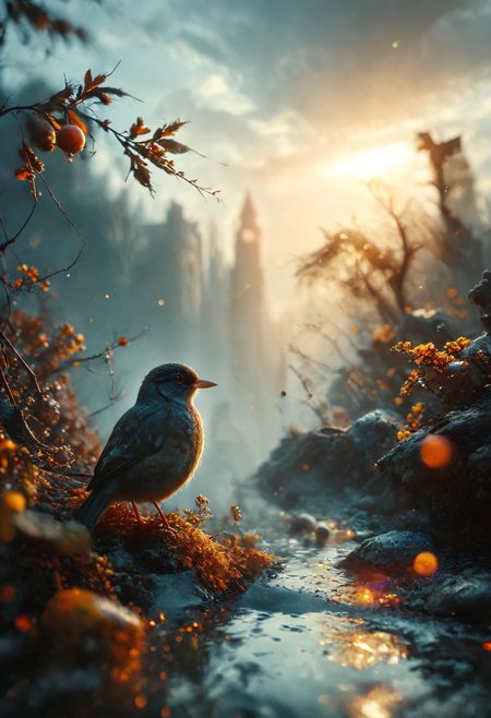 A mesmerizing close-up portrait of a gorgeous little bird illuminated by the soft, golden light of a tranquil morning, with vibrant bokeh balls gently framing its delicate form. The image is rendered in sharp detail, capturing every feather and intricate feature of the bird with stunning clarity. Soft, diffused lighting enhances the warmth and radiance of its plumage, while the high-quality bokeh adds a touch of magic to the scene. Multiple image exposures are expertly combined to emphasize the bird's vibrant colors and captivating gaze. This stunning image is rendered in insanely high resolution, realistic, 8k, HD, HDR, XDR, focus + sharpen + wide-angle 8K resolution + HDR10 Ken Burns effect + Adobe Lightroom + rule-of-thirds + high-detailed bark. Canon EOS 5D Mark III, 1/160s, f/8, ISO 100. The resulting image is a masterpiece of nature photography, with lifelike colors and exquisite details that evoke a sense of tranquil beauty. (tranquil yet evocative:1.2) 
shimmering digital colors, mixed media, textured paper, overlapping, asymmetrical, abstract, vibrant
many details, extreme detailed, full of details,
Wide range of colors.
Many details everywhere. soft shadows. Low saturation colors. Insane quality. Insane resolution. Insane details. Masterpiece. 32k resolution.
Dramatic,Dynamic,Cinematic,Sharp details
 <lora:add-detail-xl:1> <lora:MJ52:1> <lora:ral-apoctvisn-sdxl:1> <lora:zavy-cntrst-sdxl:1>