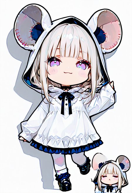 masterpiece, ultra-HD, very aesthetic, 8K, high detail, depth of field, score_9, score_8_up, 
BREAK
BREAK
1girl, solo, light black hair, medium-length hair, blunt bangs, flowing hair, unzipped, patchwork style, oversized rat ears, (chibi:2), 
BREAK
bustle skirt, white dress, sleeves past wrists, white Hood, white pantyhose, dark blue frilly socks, oversize high platform shoes, One leg lifted, leaning against the wall, smug expression
BREAK
<lora:Cat_hood_One-piece_setã­ãã¿ã¿ãã¼ãã¯ã³ã:1>, <lora:Rat_Chibi:1>,