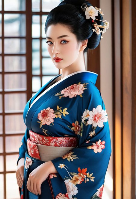 embedding:urn:air:sd1:embedding:civitai:222256@250708,  score_9, score_8_up, score_7_up, rating_explicit, MythAn1m3, 4k, masterpiece, highly detailed, 18yo, girl, Blue eyes. small perfecteyes , no makeup. Clear skin.  realistic skin style, Long dark black slick back hair. No makeup. Cheerful morning , bright sun light. fancy hair style, decorated hair style, sexy, extremely beautiful, stunning beauty, striking beauty, beautiful face, Japanese girl, perfect anatomy, (aristocracy, geisha, beautiful kimono),(cleavage:1.2, huge breasts), bursting breasts, smooth skin, seductive, tea house, Slight smile, tilting head. Tilt head. Looking at viewer. (full shot:1.5).