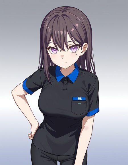 shiiina taki, 1girl, solo, looking at viewer, gradient background, cowboy shot, medium breasts, mole under eye,  <lora:shiina_taki_PonyXL_v1.2:1>, employee uniform, black t-shirt, black pants, short sleeves, blue collar, blue sleeves, purple eyes,