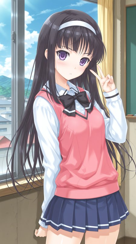 masterpiece, best quality, amazing quality, very aesthetic,  absurdres, best quality, 4k, upscale, indoors, pose, v,  midori, 1girl, solo, long hair, black hair, purple eyes, school uniform, hairband, skirt, bow,  pleated skirt, looking at viewer,  <lora:Midori_Byakudan_IL:0.8>
