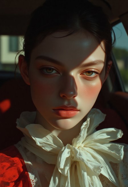 mwv7_alpha_v01,2D fashion Studio Ghibli Dark Fairytale, illustration of a woman with pale, flawless skin, hyperrealistic polaroid fashion art (dark mood masterpiece Photography:1.2), A cinematic close-up portrait of a young woman inside a car, wearing a white top with red accents. Natural sunlight filters through window blinds, creating dramatic striped shadows across her face, while glossy reflections dance across her skin and clothing. The lighting creates a striking interplay of bright highlights and metallic sheens, with red ambient lighting adding a vibrant glow. She faces the camera with a serene expression, her dark hair framing her face. The shallow depth of field creates a soft, blurred background, emphasizing the subject's features and the reflective lighting effects. High-fashion portrait photography with dramatic lighting and reflective surfaces.