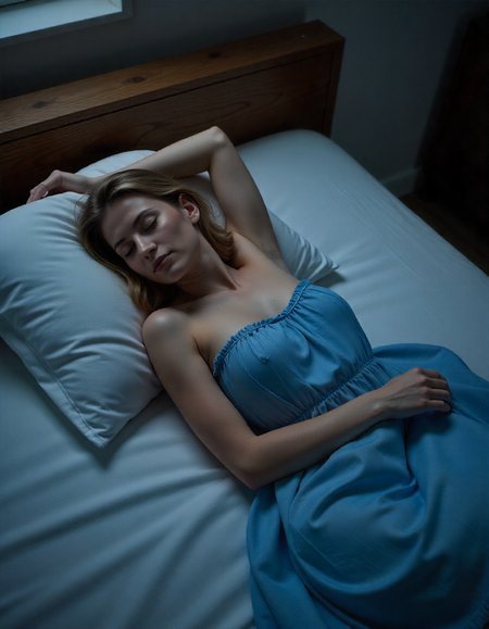 photo from above of a beautiful blonde woman lying on a bed sleeping. She is wearing a blue nightgown. The scene is dark with a small amount of moonlight streaming through the window of the bedroom.