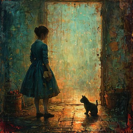 DOROTHY, an elegant lady, ate a hearty breakfast, and watched a Munchkin, who played with Toto and pulled his tail and crowed and laughed in a way that greatly amused Dorothy.  <lora Dreamyvibes Artstyle:0.8>