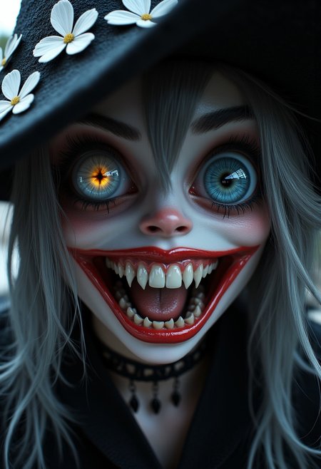 breath-taking image of  a crazy terrifying witch, yet oddly captivating and alluring face, blending elements of horror with an attractive exaggerated anime-like style. The characteras skin is pale, almost ghostly. glowing, hypnotic iris that contrasts starkly against her other eye, , giving her a disturbing, lopsided appearance. Her mouth is stretched into an unnerving, wide grin, revealing sharp, exaggerated fangs . Her lips are crazily smeared with bright red lipstick, intensifying the eerie expression, adding to the grotesque scene.
The characteras hair is messy and adorned with  small flowers, enhancing her corrupted, otherworldly nature. She wears a witches hat , lending her a regal but nightmarish aura. The overall vibe is a mix of horror, dark fantasy, and anime influences, combining detailed grotesque elements with the exaggerated features typical of anime characters.
she crafts a potions over a very large  boiling cauldron placed on the ground. she   wears a witches robe inside a highly detailed dark witches hut
highly detailed dark nightmarish night time background detailed skin texture, subsurface scattering award-winning, professional, highly detailed  skin and makeup. dreamlike, mysterious, provocative, symbolic, intricate, detailed <lora:aidmaMJ6.1:1> aidmamj6