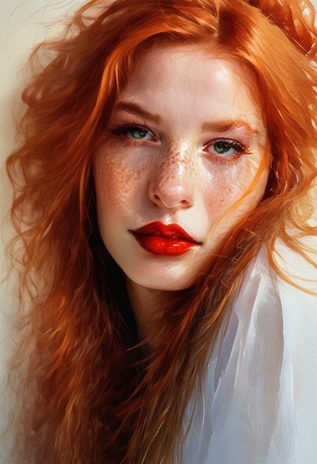score_9, score_8_up, score_7_up, (best quality:1.1), detailed skin, beautiful, 1 girl, Sandy, very long ginger hair in tight bun, perfect nose,  18 years old,  perfecteyes, green eyes, round glasses, red lipstick, freckles, makeup, eye shadow, thick eyelashes, eyeliner, kawaii face, cute, tiny breasts, close up portrait, focus on face, pale skin, lips slightly parted, blush,