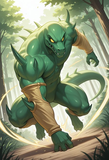 masterpiece,best quality,amazing quality, 1boy, solo, g4g4g1g0, furry, tail, arm sleeves, leg sleeves, bottomless, colored sclera, no pupils, full body, attack, outdoors, green skin,