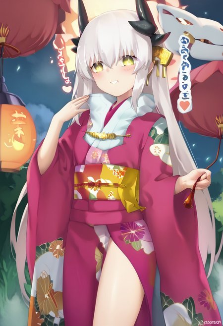 score_9, score_8_up, score_7_up, uncensored, source_anime, 1girl,  <lora:spfateKiyohimeXLPony-10:1> kiyosp2st, horns, pink kimono, floral print, wide sleeves