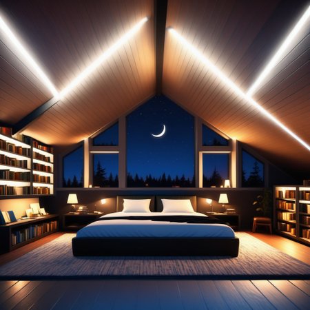 a Jed-Modern Attic , nightsky, masterpiece, full of details,ambient light, lamp lights, black bear rug, bookshelves, leather sofas, loft bed, photorealistic, sharp and in focus  <lora:ModernInteriorSDXL:0.7>