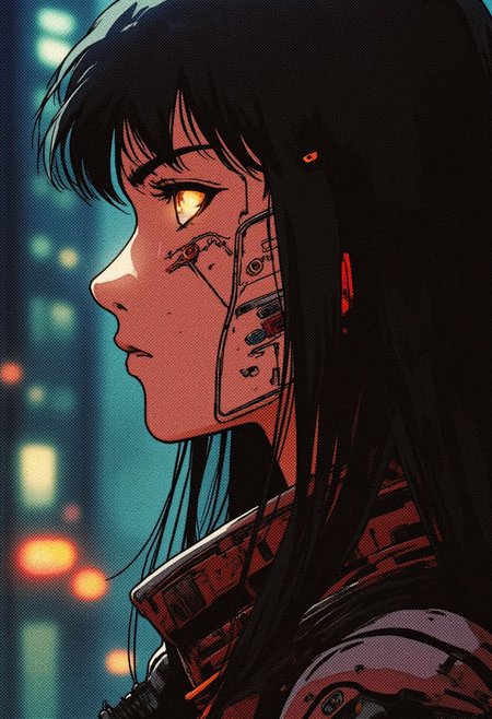 A girl in profile with long black hair, cyberpunk implants in the form of thin lines on her face. A cast shadow is visible across her face. Her eyes glow light yellow, and in the background, blurred lights of a night city can be seen