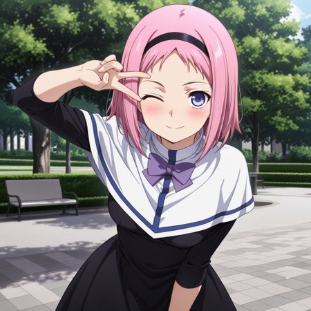 masterpiece , amazing , best quality , ultra detailed , 8k , high resolution , 1girl , solo , Kazumi_Schlierenzauer, medium breasts , black dress, white overtop, purple bow, cute face, one eye closed, smile, cute pose , standing , looking at viewer , park , blush