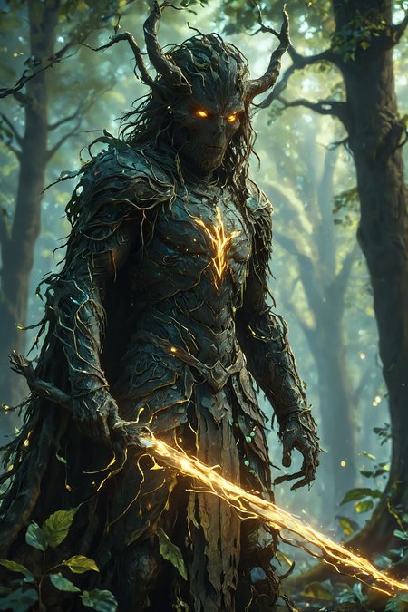 Silhouettes of dark ghostly tree man. Capture the essence of Nature's mystical beings He stands ready to fight intruders.
long hair. Glowing eyes. Glowing spear. Forest color palette. Light armor made of roots and leaf. Realistic.
DEVIL SPAWN. Cinematic lighting, Volumetric lighting, Epic composition, Photorealism, Bokeh blur, darkness, night, intricate glowing aether tattoos,
<lora:HKStyle:0.75> HKStyle,
<lora:add-detail-xl:0.85>,
<lora:EnvyBetterHiresFixXL01:1.0>,
<lora:extremely_detailed:1.0>, extremely detailed,
<lora:EldritchMixIllustration_1.1:0.6>,
<lora:Regiiinas_plant_style:1> plantstyle,