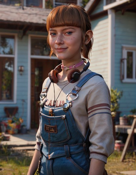 CyberRealisticPony_POSV1, <lora:kat_v1.7-000013:0.8>, 1girl, young, k4tgirl, pale skin, dark blue eyes, brown hair, short ponytail, sidelocks, blunt bangs, freckles, pink choker, headphones around neck, blue overalls, shirt, looking at viewer, outside, house, depth of field, <lora:StS_PonyXL_Detail_Slider_v1.4_iteration_3:3>