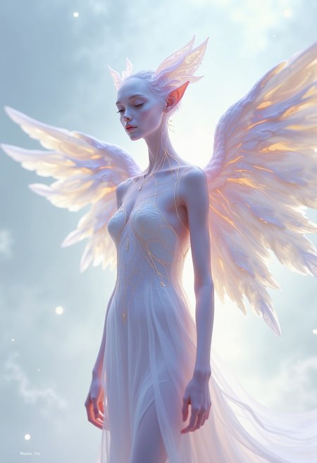 DB4RZ style paintingMode Fashion Magazine Cover 37 â Seraphic Symphony Model Name: Ariya (Angelic Humanoid) Photographer: Seren Celeste Camera Specs: Canon EOS R6, 50mm f/1.2 lens, soft ethereal lighting. Photo Description: Ariya, a humanoid alien with delicate, iridescent wings and a glowing aura, stands in a celestial, misty white background. Her skin is pale and translucent, with veins of soft gold light running beneath it. Her wings are large and shimmering, shifting in color from pale lavender to silver. She wears a flowing gown made of gossamer-thin fabrics that seem to float weightlessly around her body. Ariyaâs pose is serene and graceful, with her wings slightly raised, giving her a divine, otherworldly appearance. The soft lighting enhances her glowing aura, making her seem like a celestial being descended to Earth. Mode appears in elegant white font, with delicate gold and lavender cover lines reading: "Seraphic Symphony: Fashion of Heavenly Proportions" "Ariya: Grace and Divinity in Couture" "Ethereal Elegance: Light as a Feather, Bold as the Future" Clean Minimal Fonts <lora:FluxDFaeTasticDetails:0.8> <lora:aidmaImageUpgrader-FLUX-V0.1:0.33> detailmaximizer,