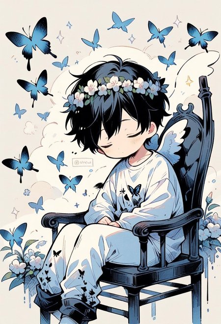 ((masterpiece, best quality, illustration)), cute doodle, ink painting, solo, simple background, shirt, black hair, long sleeves, 1boy, sitting, closed eyes, white shirt, flower, male focus, wings, pants, grey background, feet out of frame, watermark, chair, bug, white flower, butterfly, feathered wings, angel wings, white pants, white wings, head wreath, white theme