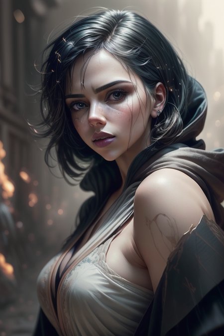 a profestional picutre of scajohansson84 as Assistant of Wizard - This mysterious woman has short, jet-black hair and piercing silver eyes She wears a long black robe that hides her body shape, but reveals her shapely legs Her skin is pale, and she seems to exude an air of mystery,Enforcer's Intimidation: Behavior: The character looms over their target, shoulders broad and stance imposing. Their presence exudes a palpable threat, backed by an unspoken promise of swift action. Their tone is low and menacing as they demand answers or compliance. , ,camera angle perspective and feet out of frame, photorealism,unreal 5 daz,perfectly drawed hands,perfectly drawed face,perfect body,extremely detailed artgerm greg rutkowski greg,((ultrasharp)),((masterpiece)),((best quality)),((ultradetailed)),((intricated details)),ultradetailed character,detailed face,intricated face details,<lyco:GoodHands-beta2:1>,extremaly detailed background,perfectly detailed face,character focus,intricated details of face,fFaceDetail,<lora:add_detail:0.7>,ultra realistic,32k,RAW photo,(high detailed skin:1.2),8k uhd,dslr,soft lighting,high quality,film grain,beautiful and aesthetic,extremely detailed <hypernet:sxzBloom_sxzBloom:1>,8k,extremely_clear,