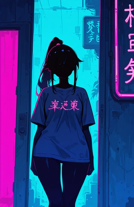 score_9, score_8_up, score_7_up, masterpiece, best quality, very aesthetic, detailed face, (dynamic:1.2), stylized, illustration, dynamic pose, nsfw, girl, small nose, masterpiece, best quality, newest, highres, absurdres, <lora:LeIsT0_style:1>,LeIsT0_illu,Dark anime style, (silhouette of a girl with high ponytail, long hair, wide hips, shirt:1.2), (pink doorway:1.2), (blue walls with Japanese text:1.1), eerie atmosphere, (high contrast:1.2), cyberpunk aesthetics, neon lights, mysterious, foreboding, digital art, 2D illustration, dramatic lighting, moody color palette <lora:ck-shadow-circuit-IL:0.4> in the style of ckscâââ