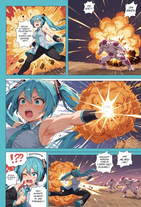 score_9, score_8_up, score_7_up, score_6_up, score_5_up, score_4_up, anime source,
<lora:FComic_1to1000_Pony_V1:0.1>
<lora:DBBattle_Pony_V2:0.8>DBBattle, (duel:1.25), (comic:1.25), battle, emphasis lines, speed lines, motion lines, !?, !!, style parody,
Frame, Text, English Text, speech bubble, trembling, focus line, vibrating line, comic expression, Sound effect,
1 girl, girl forcas, 2+ boys, Monster Boy, Creature Boy, Mutant Boy,
fighting stance, aura, simple backgraund,,
injury, torn clothes,
((explosion)),
(mature female:1), huge brests:1, shiny skin, oily skin, Thick thighs, voluptuous lower body,
<lora:miku-hatsune-ponyxl-lora-nochekaiser:0.5>, miku hatsune,