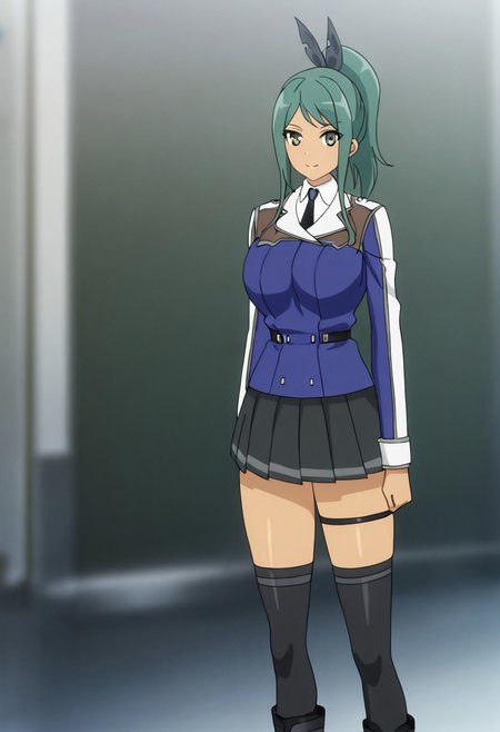 blurred background,
smile,
looking at viewer,
solo,
hundred_-_liddy_steinberg, green_hair, ponytail, green_eyes, dark-skinned_female, sidelocks, large_breasts,
school_uniform, jacket, long_sleeves, black_necktie, skirt, black_thighhighs, boots, thigh_strap,
standing,
masterpiece,best quality,good quality,newest,