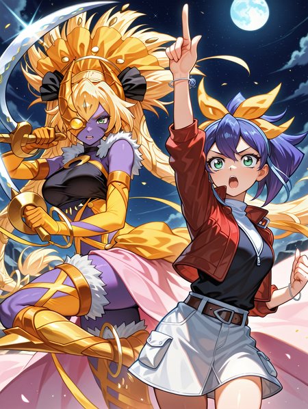 moon,2girls,
BREAK purple skin,tiger girl,lunalight sabre dancer,gold elbow gloves,gold half mask,gold headdress,gold revealing clothes,gold scrunchie,gold thighhighs,holding saber \(weapon\),saber \(weapon\),dual wielding,one eye covered,pink waist cape,dual wielding,
BREAK serena \(yu-gi-oh!\),open mouth,yellow hair ribbon,red cropped jacket,shirt,white skirt,bracelet,pointing up,
masterpiece,best quality,amazing quality,very aesthetic,absurdres,newest,<lora:Serena and Lunalight part A illuXL v1.2:0.8>,
