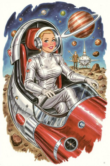 d0sn illustration of a woman wearing a futuristic yet retro spacesuit sitting inside a retro chrome spacecraft, confidently pilotingthrough asteroids  <lora:d0sn_illus1_fl_d6a3:1.0> <lora:Flux-Sch-SingleBlocks-BF16:1.0><lora:803577596702012793:0>