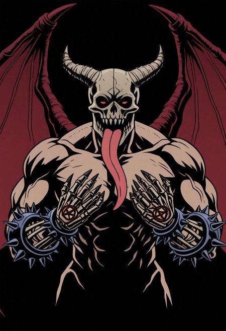 M4j0r4, anime coloring, flat colors, (dark shading 1.4),chidaruma, portrait, face focus, 1boy, tongue out, demon wings, spiked bracelet, teeth, fingernails, pentagram, traditional media, black background, skeletal hands, bold lines, high contrast, dramatic shadows, rough textures, strong comic book aesthetic, Black outline, thick outline,