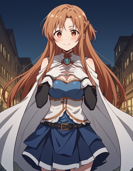 score_9, score_8_up, score_7_up, source_anime, asunayuuki, <lora:asuna-yuuki-s1-ponyxl-lora-nochekaiser:1>, asuna yuuki, long hair, brown hair, brown eyes, medium breasts,, <lora:miki-sayaka-cosplay-ponyxl-lora-nochekaiser:1>, miki sayaka cosplay, miki sayaka (cosplay), belt, black sleeves, blue skirt, cape, cosplay, dress, gloves, gem, skirt, sleeveless, sleeveless dress, white cape, white gloves,, streets, outdoors, smile, blush, hands on own chest, cowboy shot, looking at viewer,