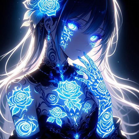 An anime-style female character, adorned with intricate glowing blue Floral Rose tattoos covering her arms, hands, and face. Her tattoos emit a soft, radiant glow that contrasts against her dark, form-fitting outfit. Her expression is calm and mysterious, with a dreamlike ambiance surrounding her. The character has long, smooth hair decorated with elegant metal hairpins and glowing accents. The background is dimly lit, creating an otherworldly and ethereal atmosphere, with soft shadows emphasizing her glowing features. The mood is mystical, highlighting the elegance and supernatural energy of the glowing Floral Rose tattoos