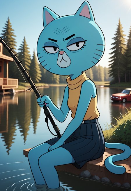 score_9, score_8_up, score_8,    <lora:Mary_Senicourt_The_Amazing_World_of_Gumball_for_PonyXL:0.8> 1girl, animal ears, cat girl, m4ry, old, black eyes, cat ears, skirt, sleeveless shirt, BREAK
outside, lake, fishing, profile, sitting, fishing rod,