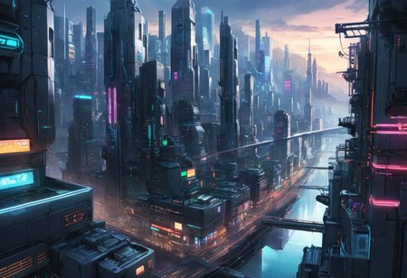 2D ART, ANIME ARTWORK, masterpiece, best quality, <lora:GITSH_background:1.5>,  CITYSCAPE, FUTURISTIC, BREATHTAKING, CYBERPUNK, (BIRD VIEW:1.5)