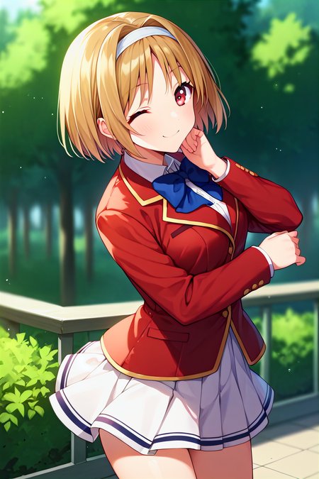 score_9, score_8_up, score_7_up, score_6_up, score_5_up, score_4_up, rating_questionable, , source_anime, digital illustration, pixiv, fanbox, uncensored, , BREAK, official art,
1girl, solo, female, kushida kikyou, short hair, hair intakes, red eyes, hair band, wink, one eye closed, 
school uniform, red jacket, white skirt, blue bow, outdoors, light smile, blush, cowboy shot, looking at viewer,  <lora:Kushida_Kikyou_Pony-000009:0.9>