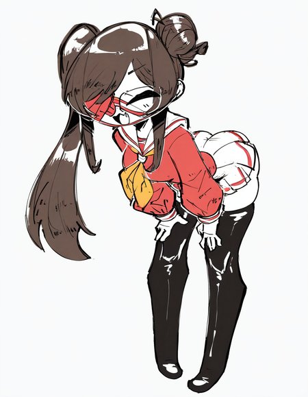 StyleBirdBlitz,(masterpiece, best quality, very awa,absurdres),
1girl, solo, long hair, breasts, looking at viewer, smile, open mouth, simple background, shirt, skirt, brown hair, black hair, long sleeves, thighhighs, very long hair, medium breasts, standing, school uniform, full body, closed eyes, ponytail, sidelocks, thighs, :d, pleated skirt, small breasts, boots, glasses, serafuku, puffy sleeves, fang, black thighhighs, sailor collar, miniskirt, black footwear, grey background, hair bun, hair over one eye, black eyes, side ponytail, parted bangs, sketch, zettai ryouiki, mask, colored skin, leaning forward, :3, thigh boots, white skirt, single hair bun, bent over, red shirt, (pale skin), puffy long sleeves, red jacket, white sailor collar, (completely white skin), one eye covered, mouth mask, arched back, single side bun, microskirt, red sweater,, blush, white background, red eyes, brown eyes, ass, neckerchief, swept bangs, red skirt, (red eyepatch), semi-rimless eyewear, round eyewear, asymmetrical bangs, partially colored, (hands on own thighs:1.4)