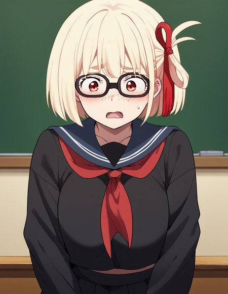 score_9, score_8_up, score_7_up, source_anime, chisatonishikigi, <lora:chisato-nishikigi-s1-ponyxl-lora-nochekaiser:1>, chisato nishikigi, short hair, bangs, blonde hair, red eyes, hair ribbon, one side up, bob cut, large breasts,, <lora:jimiko-ponyxl-lora-nochekaiser:1>, jimiko, glasses, black-framed eyewear, messy, unkempt, thick eyebrows, twintails, braids, freckles, baggy eyes,, blush, open mouth, embarrassed, classroom, adjusting eyewear, serafuku, black serafuku, red neckerchief, skirt, black skirt, pleated skirt, cowboy shot, <lora:averting-eyes-ponyxl-lora-nochekaiser:1>, averting eyes,