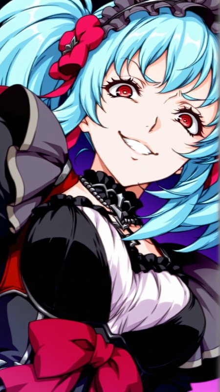 source_anime,general,best quality,1girl,  <lora:Marilyn_Cat_ill_v1.0:1> marilyn\(srw\),blue hair, red eyes, twintails,gothic dress,hairband, bow, smug, crazy eyes, dynamic pose, dutch angle,