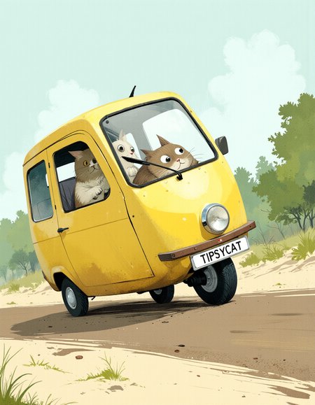 ppstorybook whimsical storybook illustration side view of a unique retro three-wheeled Reliant Robin car with the front wheel positioned in the center of the vehicle.  A wide eyed cat is driving. The license plate in the front says TIPSYCAT